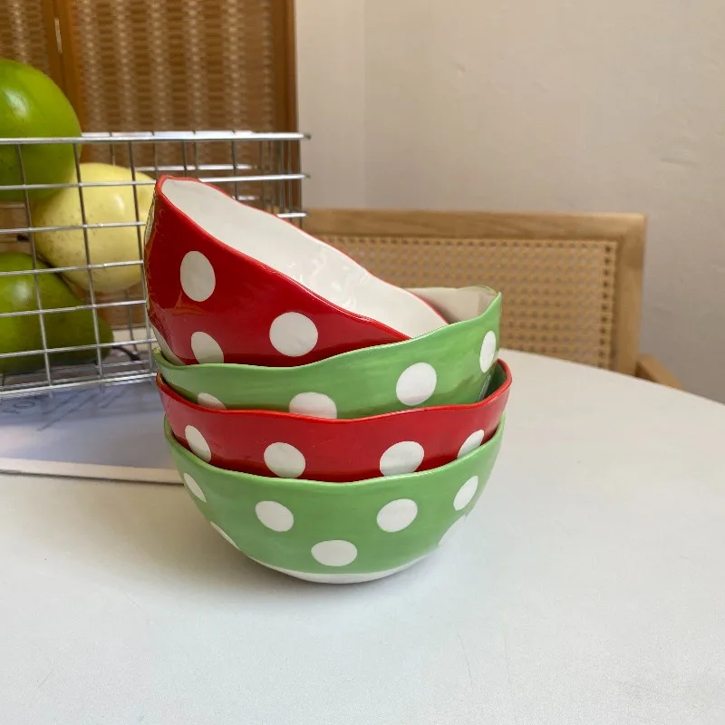 Nordic Red and Green Polka Dots Ceramic Rice Bowl Living Room Dining Table Kitchen Soup Bowl Salad Bowl Crafts Birthday Gifts