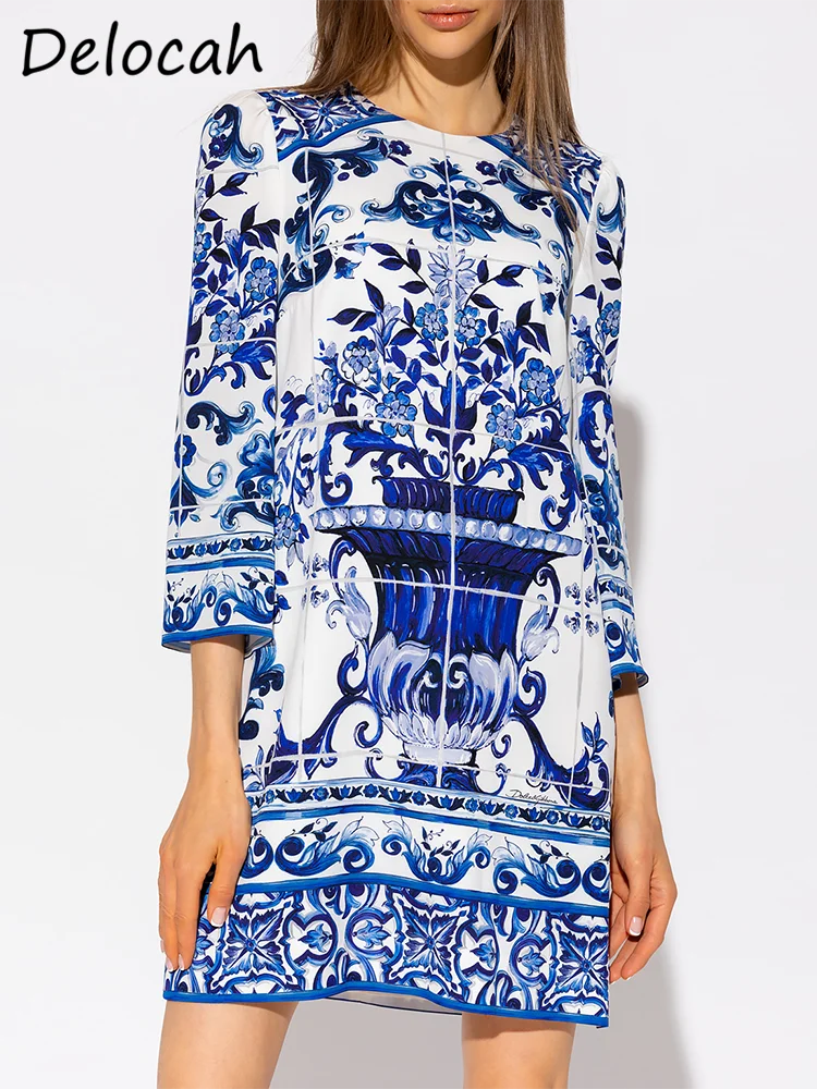 

Delocah High Quality Summer Women Fahion Designer Midi Dress Long Sleeve Blue And White Porcelain Printed Elegant Pencil Dresses