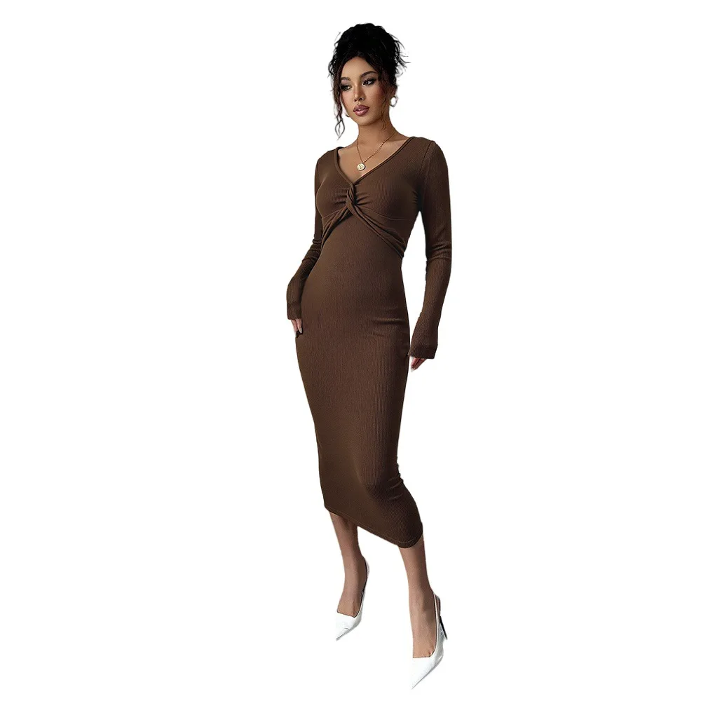 European and American V-neck dress for women spring and autumn twisted design chest and slim three-quarter sleeve style dress