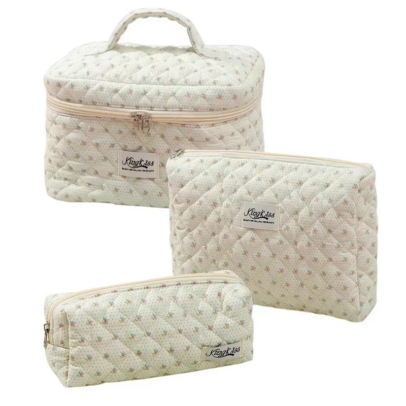 Makeup Cosmetic Bag Large Capacity Makeup Bag 3 Pcs Cotton Quilted Makeup Bag Aesthetic Floral Toiletry Bag For Women I
