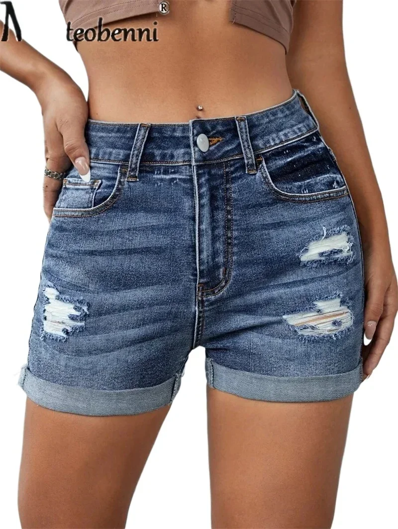 Fashion Trend Broken Holes Three Quarter Pants Summer Women's Casual Streetwear Slim Fit Button Splicing Denim Shorts Female New