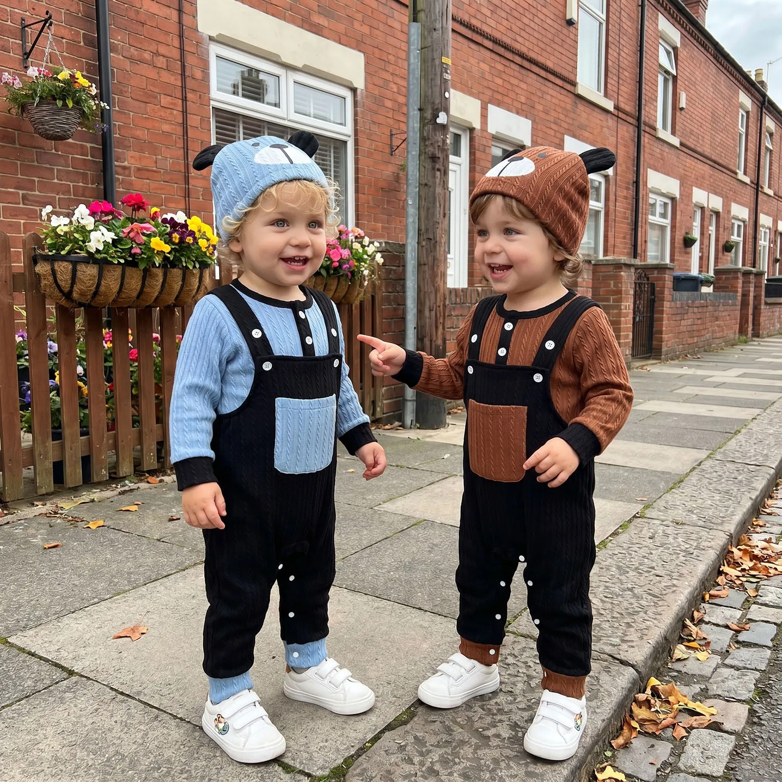 2027 Winter 3Pcs Infant Boy Outfit Crew Neck Long Sleeve Contrast Color Romper Suspender Pants and Dog Face Print Hat Set