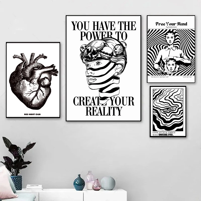 Black and White Free Your Mind Psychedelic Print Canvas Painting Posters Abstract Retro Living Room Bedroom Wall Art Home Decor