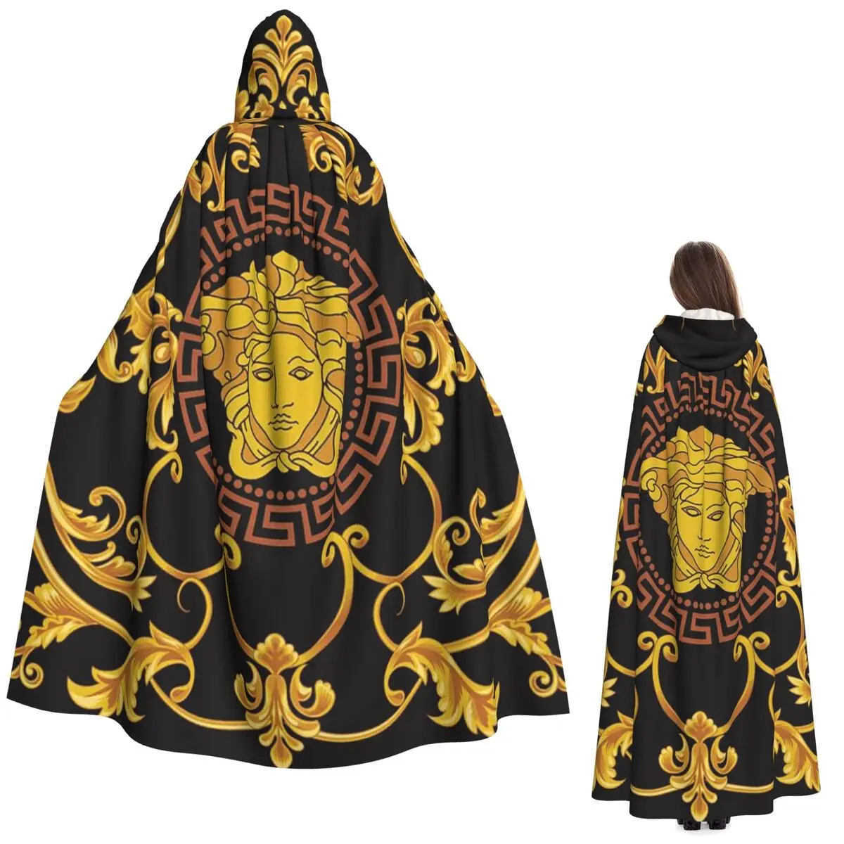 

Greek Mythology Medusa Golden Mask Snake Hair Design Long Hooded Cloak Witch Medieval Costume Cosplay Cape HalloweenVampire
