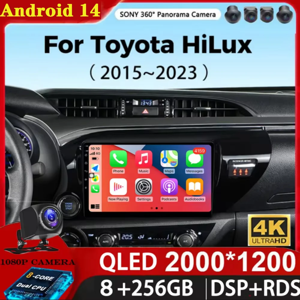 

Android 14 Auto Carplay Автомобильный радиоприемник Мультимедиа для Toyota Hilux Pick Up AN120 2015-2023 LHD Стерео Видеоплеер GPS WIFI + 4G BT