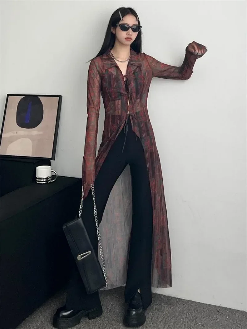 Miiiix Fashionable Retro Printed Mesh Cardigan Jacket 2024 Women\'s Summer New Thin Tie Long Slit Shirt Top Female Clothing