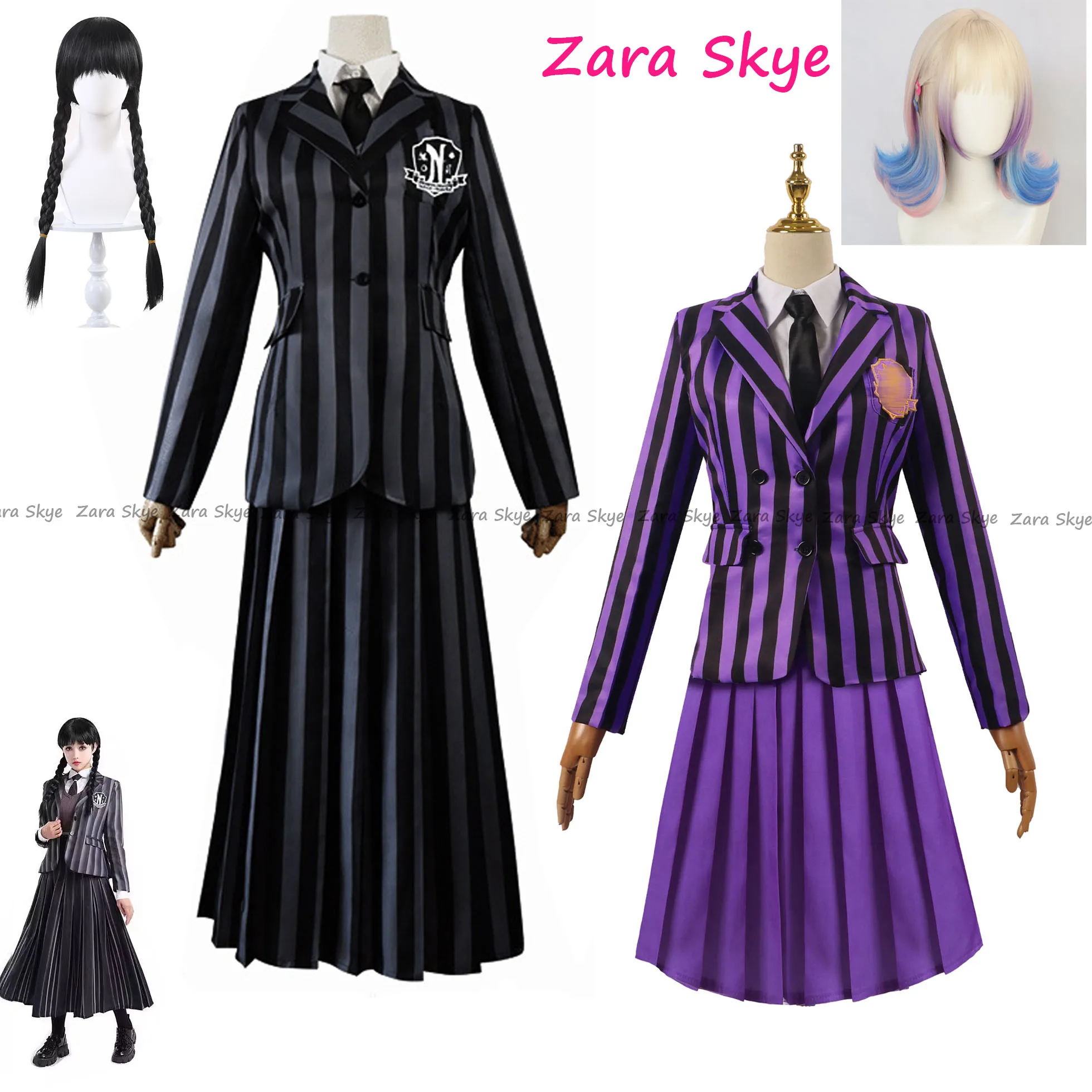 

Wednesday costume，Morticia Addams Black Uniforms，purple Enid Sinclair Clothes， Addams cosplay Girl suit wig Halloween Anime