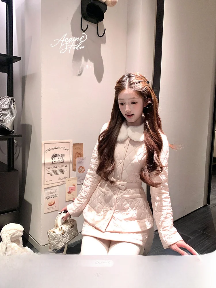 

Pink Doll Collar Waist Cinched Cotton Jacket And A-Line Skirt Set Women's Winter Fashion Two-Piece Suit Sweet Style