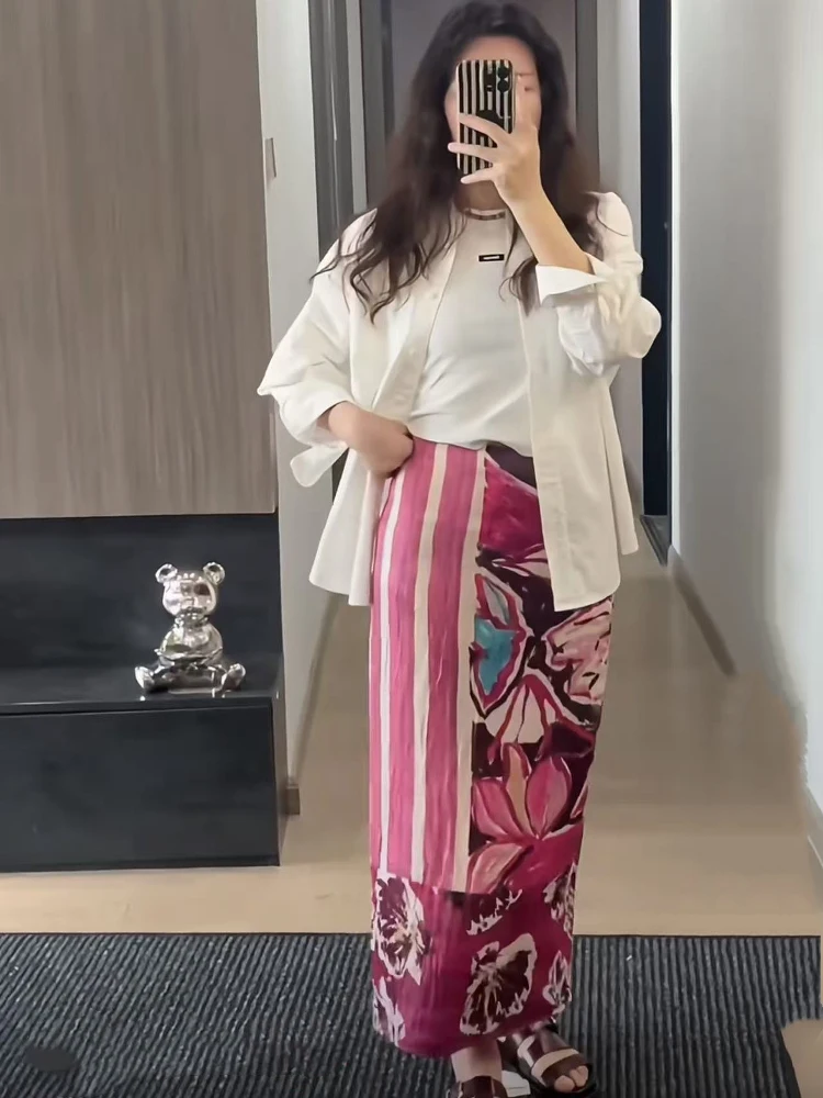 

Summer 2025 New Arrival Women's High Waist Silk Satin Print Skirt Long Beach Vaion Sle Commute Korean Sle Polyester Fiber