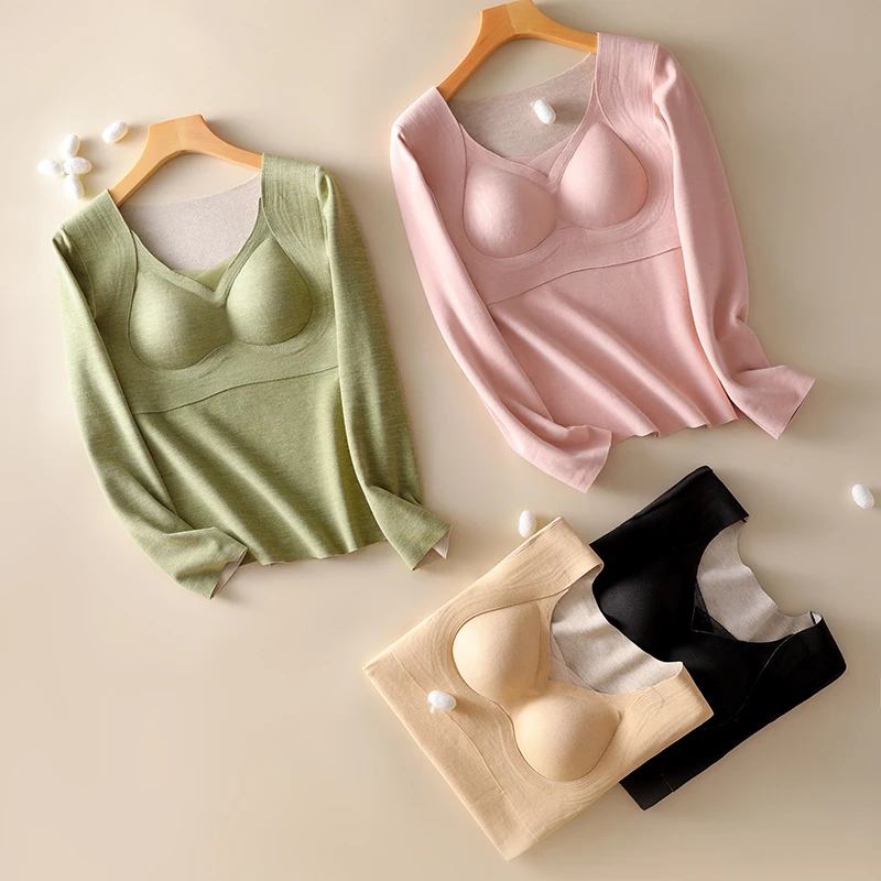 New Women Thermal Underwear With Cup Pads Seamless Long Sleeved Base Clothes Internal Layering Plush Top For Autumn Winter