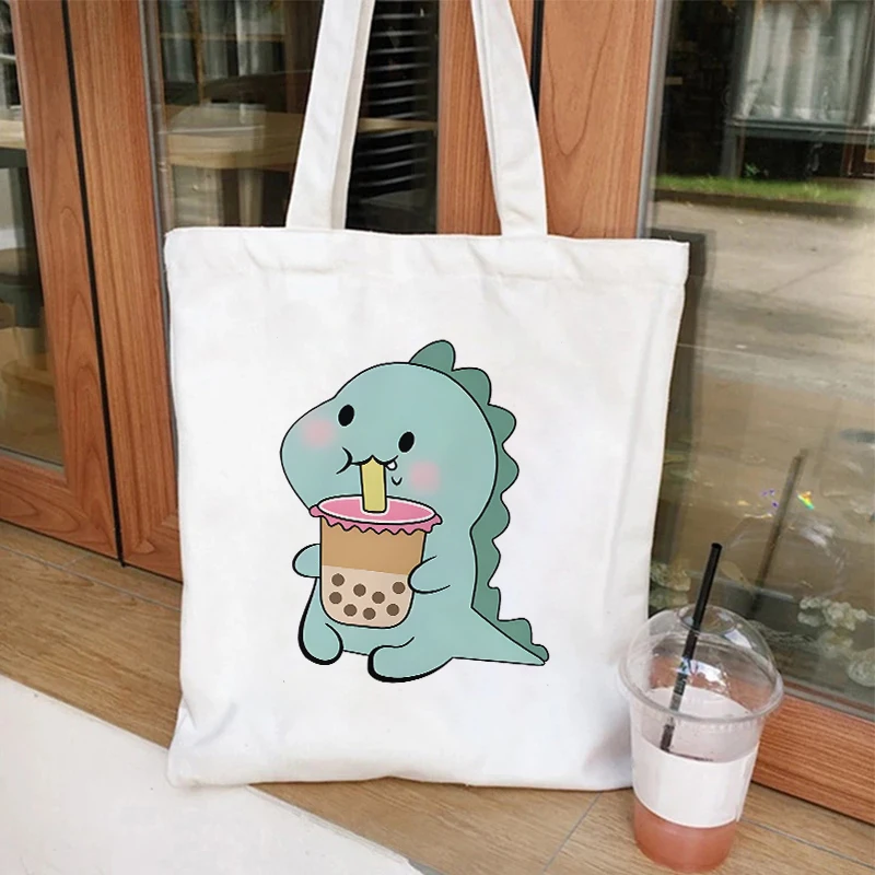 Women Handbags Cartoon Animals with Boba Tea Printed Canvas Bag Funny Handbag for Teen Fashion Tote Bag Side Bag for Ladies