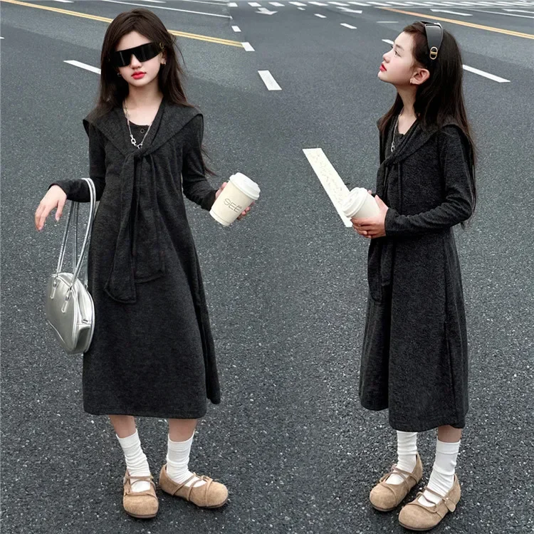 

autumn design teen girls gray shawl dress Korean fashion knitted dress+shawl 2pcs junior kid dress sets Leisure princess dresses