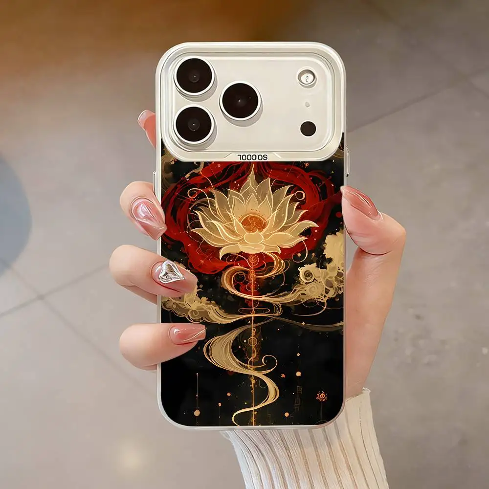 Casing Ponsel Lukisan Teratai Seni Kuno Untuk iPhone 17,16,13,12,X,11,15,14,Pro,Max,Plus,SE4,Air,Mini Putih IMD HD Matte