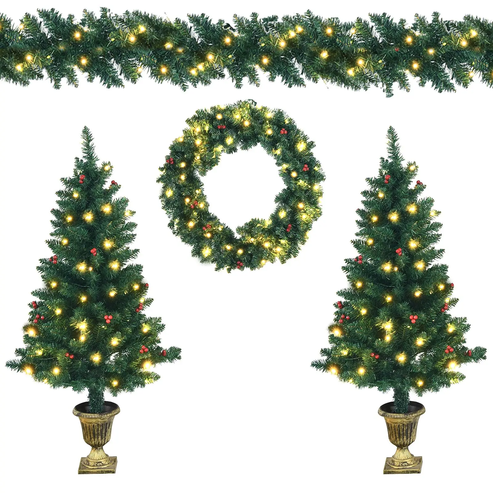 Pre-lit Holiday Christmas 4-Piece Set, Christmas Garland, Wreath and Set of 2 Entrance Trees with LED Lights