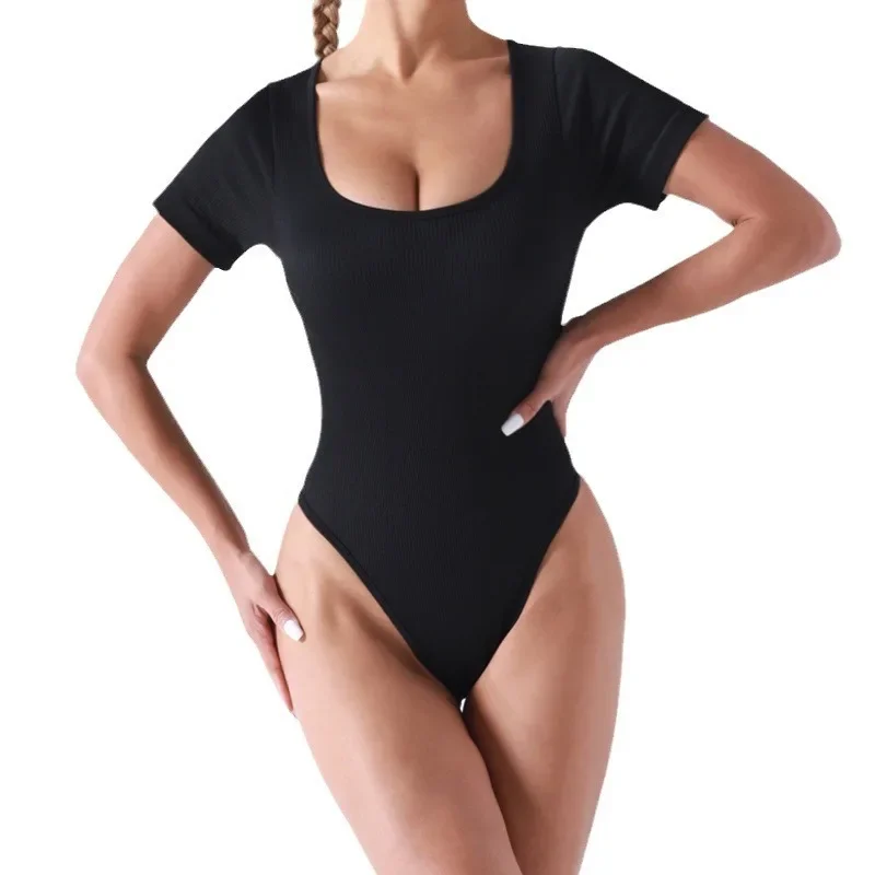 Bodysuit feminino sem costura, roupa esportiva, gola quadrada, manga curta, macacão de cintura alta, roupa de ioga de 1 peça