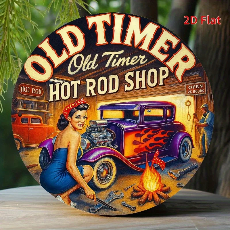 Retro Hot Rod Metal Wall Art - Vintage Hot Rod with Flame Pattern Garage Sign, 20x20cm/7.8x7.8in/Outdoor Automotive Art Decor