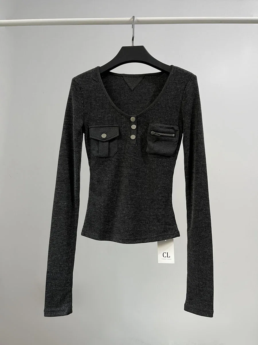 

American Sle Spicy Girl Faion Patchwork ket Long Sve Knitted Sweater Women Spring Inner Slim Pure Color Base Top