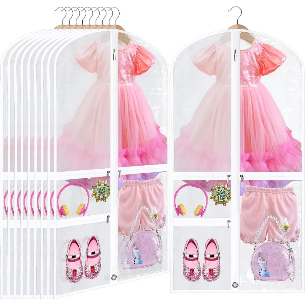 

10 Pack Waterproof Hanging Dance Costume Bags for Kids, 40 Inch Garment Bags with 3 Clear Zipper Pockets