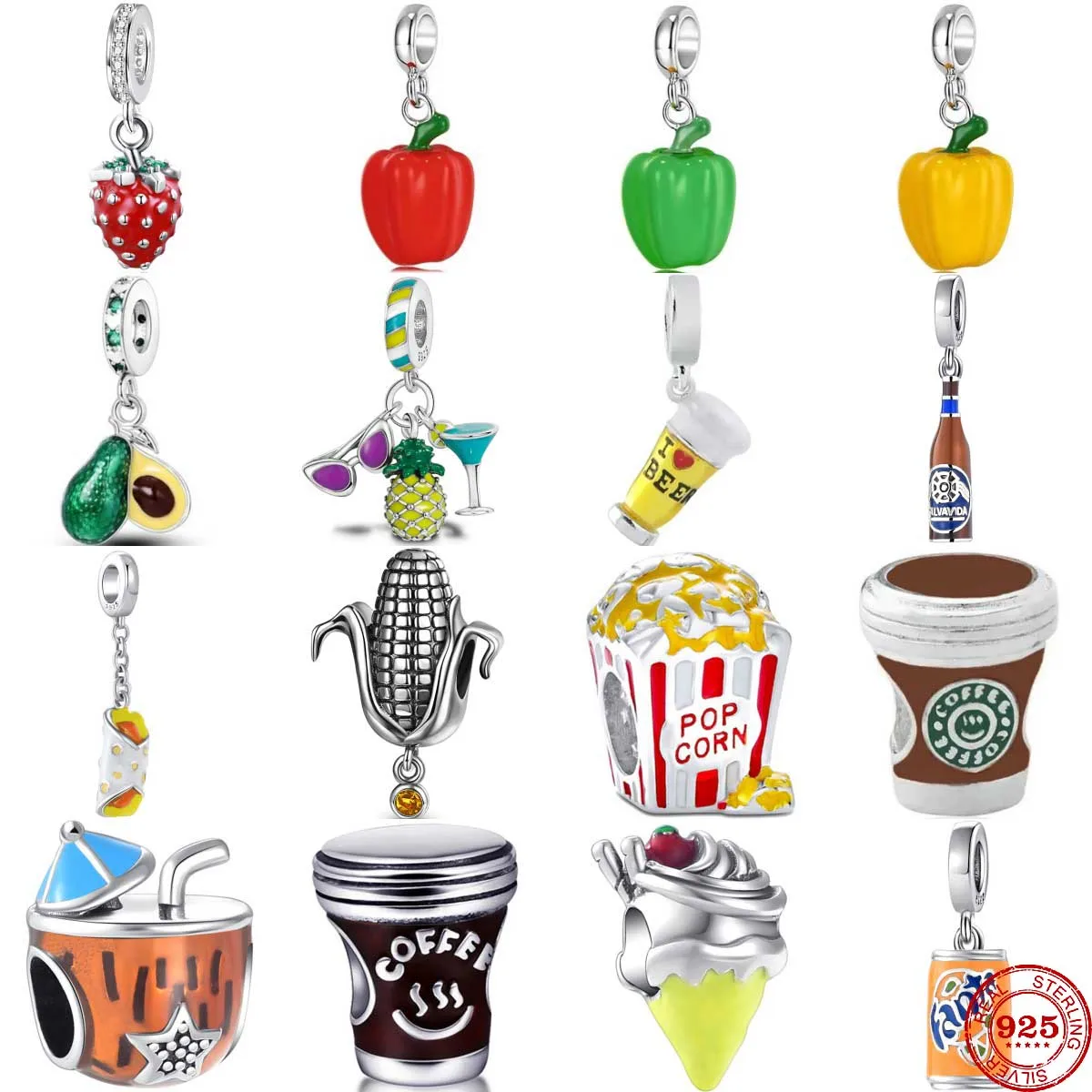 925 Sterling Silver Popcorn Coffee Strawberry Pepper Pendans Bead Diy Fit Original Pandora Charm Bracelet Necklace Women Jewelry