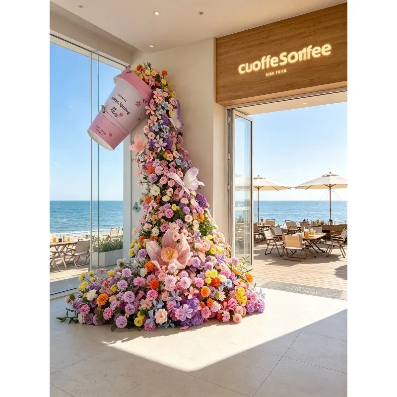 Pink waterfall simulation flower wall milk tea coffee shop door atmosphere decoration flower Internet celebrity clock in fake fl