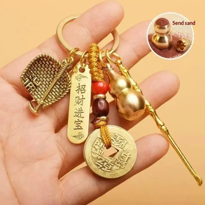 Chinesischer Stil Tierkreiszeichen Messing-Kürbis Fünf-Kaiser-Geld-Schlüsselanhänger Metall Fengshui Anhänger R-Tasche Schlüsselring Dekoration Geschenk Accessoire – Detail 9