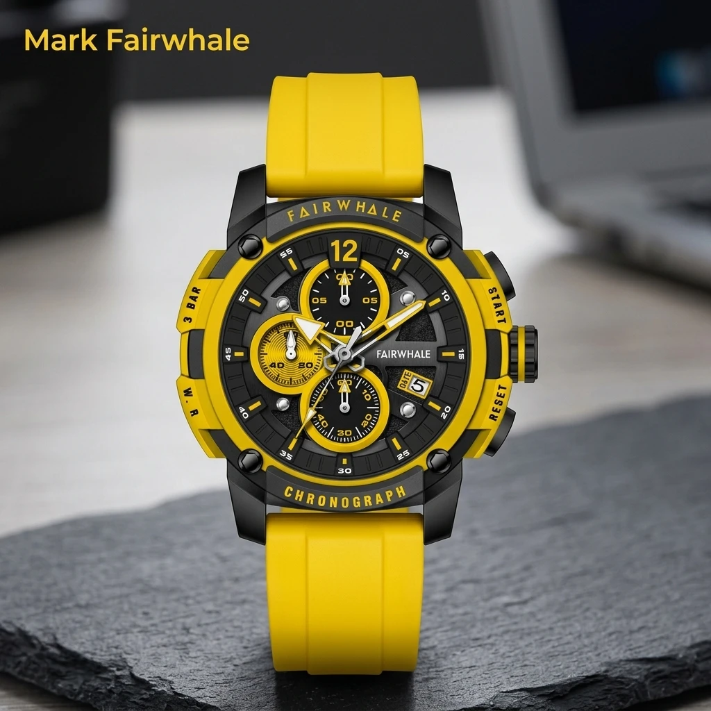 Mark Fairwhale Men Quartz Watch Chronograph Date Display Silicone Strap 3BAR Waterproof Sports Wristwatch Reloj
