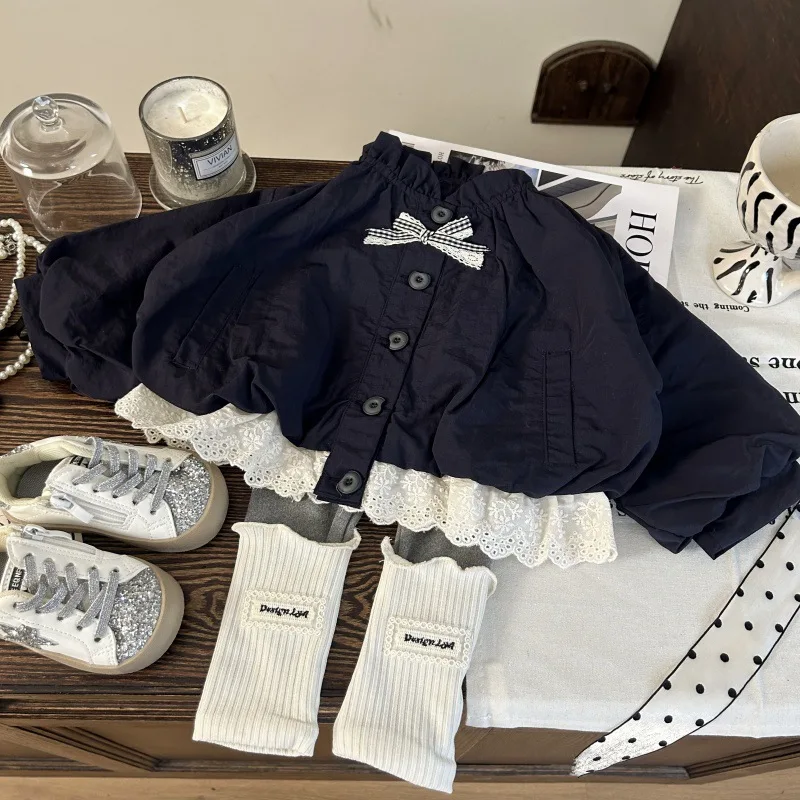 

Toddler Kids Girl Clothes Set Autumn Lace Trim Bow Children Girl Single Breasted Button Coat Casual Knitting Little Girl Legging