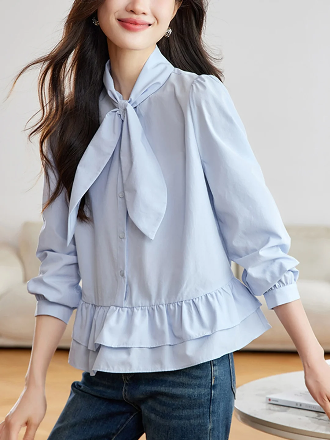 

Pure Cotton Long Sve irt Women's Spring 2026 New Single Button Knot Lace Top Agel Faion Lady Sle