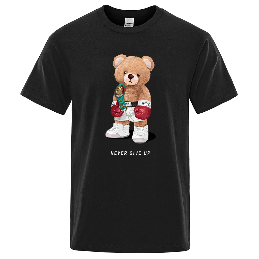 Strong Boxer Ted Bear Never Give Up Print Funny T-Shirt Men Cotton Casual Short Sleeves Loose Oversize S-XXXL Tee Clothing