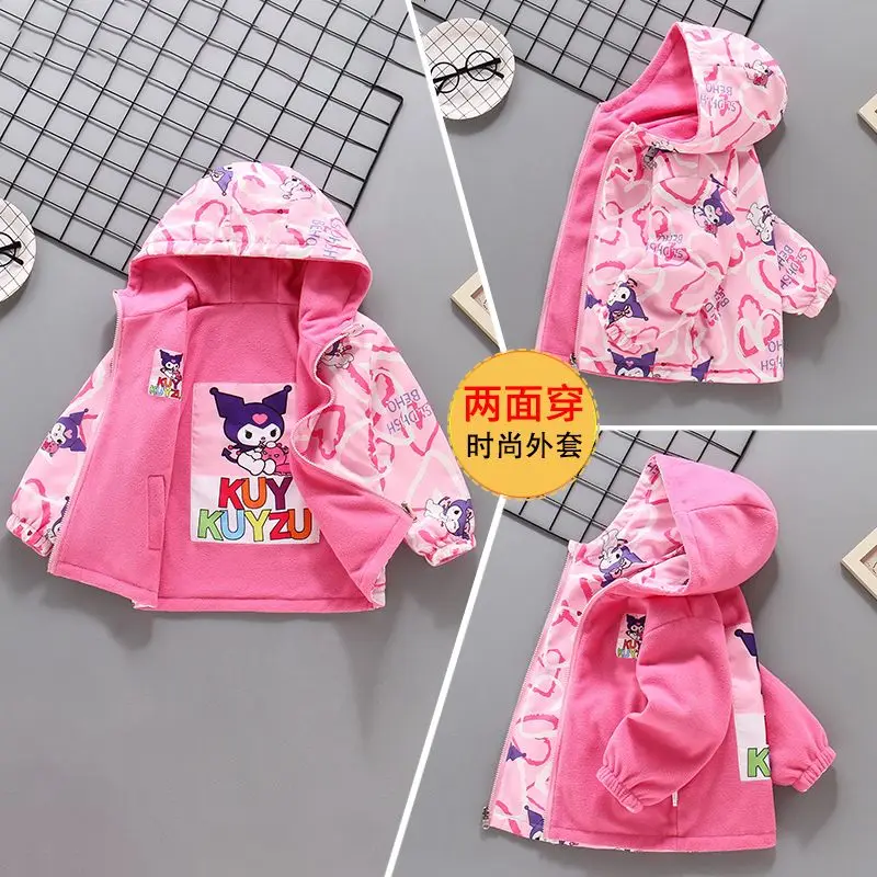 Reversible Kuromi Sanrio Kids Spring Jackets Anime Thicken Warm Coat Long Sleeve Hoodie Cute Cardigan Outdoor Jackets Girl Gift