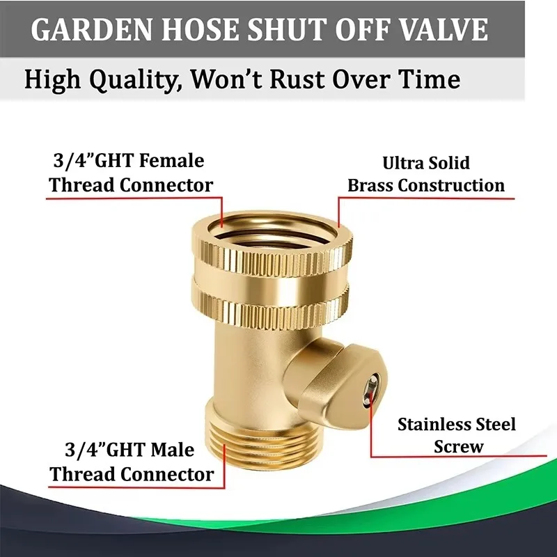 Heavy Duty Brass Shut Off Valve, Garden Connector Attachment for Outdoor Lawn and Gardening Hoses, 3/4 inch