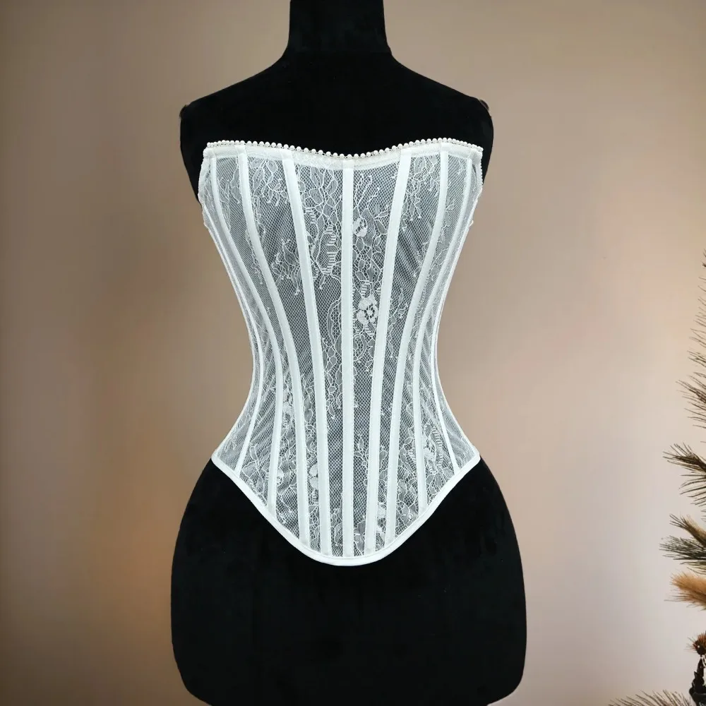 

Women Overbust Corset Tops Transparent Mesh Bodices Lace Up Boned Waist Trainer Shaping Strapless Sexy Bustier