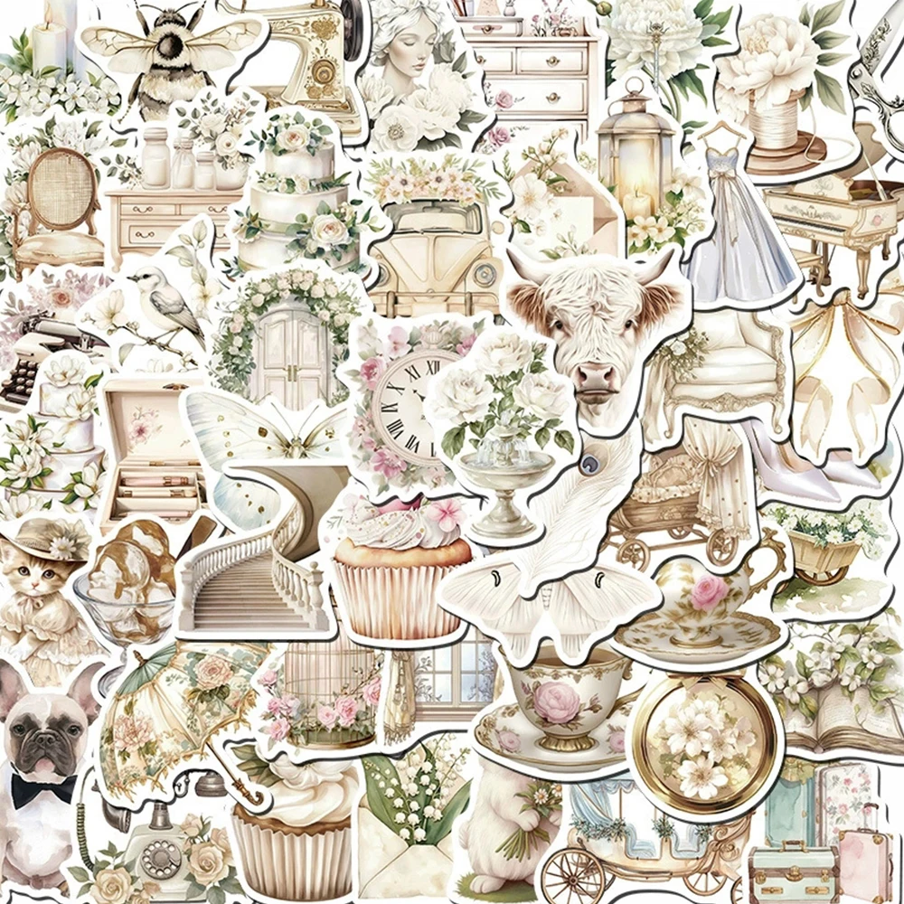 10/30/50개 인스 스타일 화이트 아트 파스토럴 라이프 스티커 레트로 미학 스티커 여행가방 기타 전화 그래피티 데칼 장식