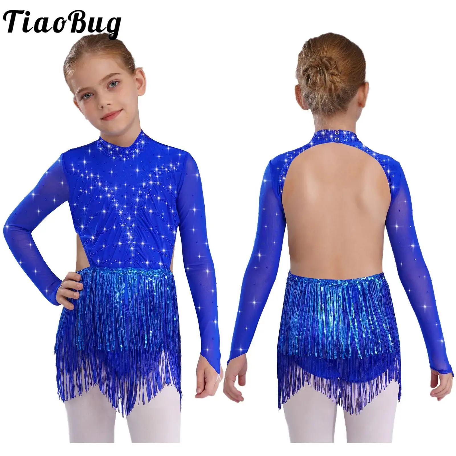 

Kids Girls Latin Dance Dress Sequins Tassels Leotard Jazz Rumba Dancewear Long Sleeve Backless Rhinestones Bodysuit Performance