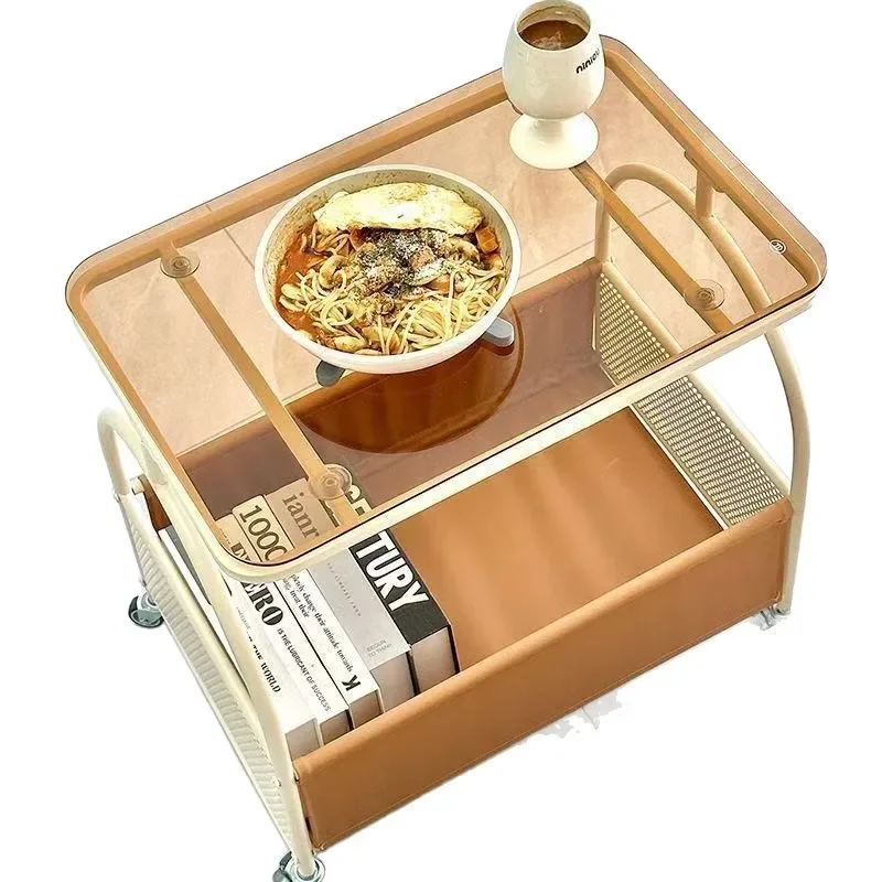 

Movable small coffee table, living room cream wind belt wheel, household corner table glass simple trolley
