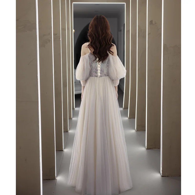 Gradient Color Strap V-neck Banquet Host Dress Fairy Style Long Sleeved Slim Fit A-line Skirt Princess Dress Customized