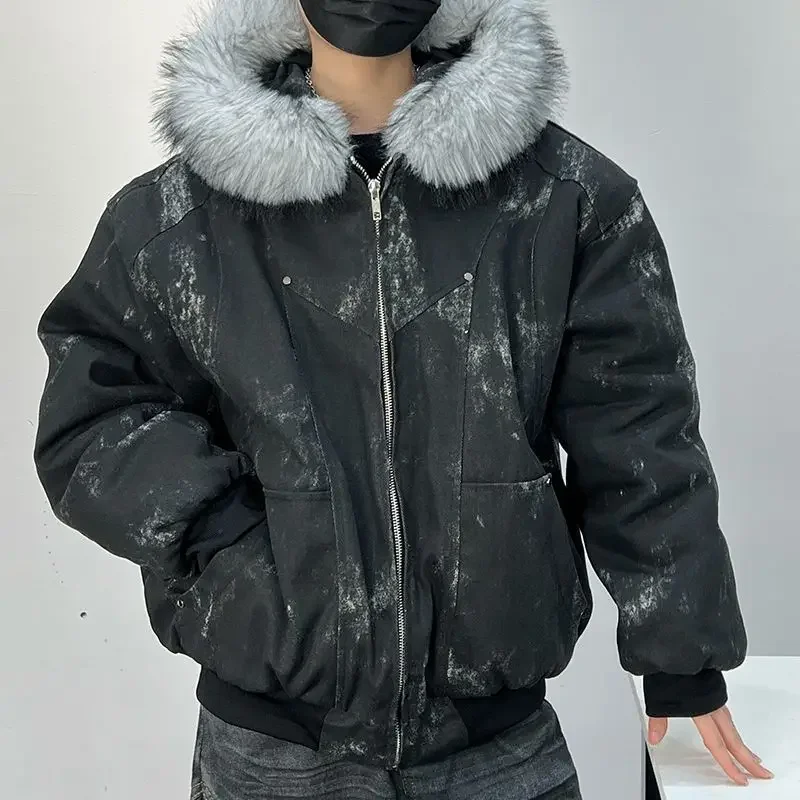 Outdoor Style Jacket Thickens Comfortable Parkas Winter Men's Cotton Jacket with Fur Collar Embroidery and Tie-dye Design Parkas