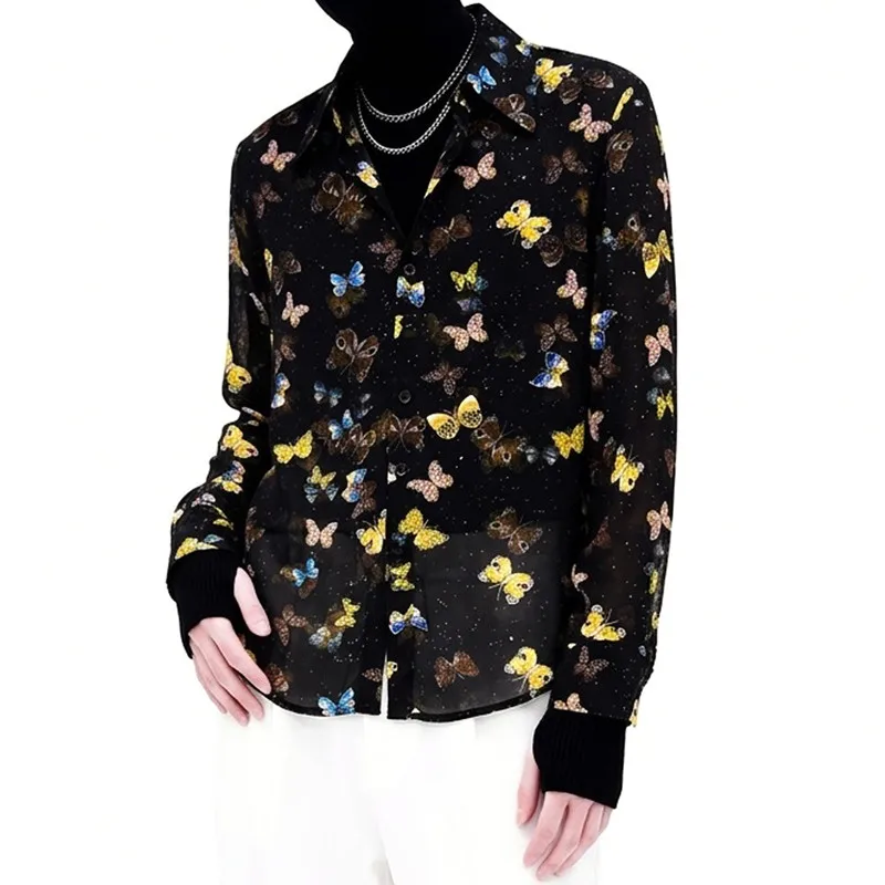Men's Printed Shirt Butterfly Pattern Long Sleeve Lightweight Casual Shirts for Nightclub Party Singer Stage Performance Costume