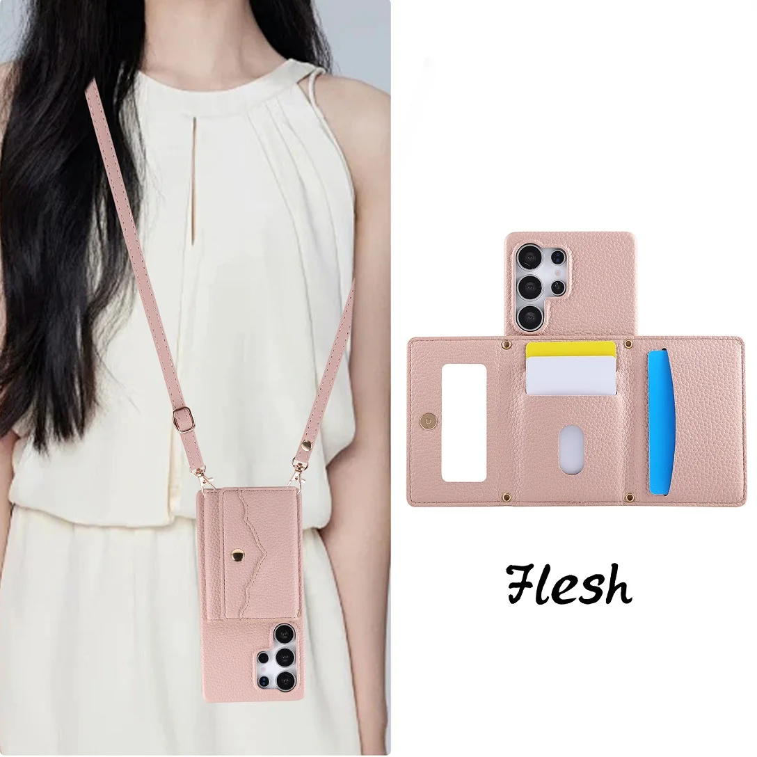 

Luxury Shoulder Strap Leather Card Slot Wallet Case For Samsung Galaxy S25 S26 Ultra S24FE S23 Plus S22 Mirror Purse Phone Cover