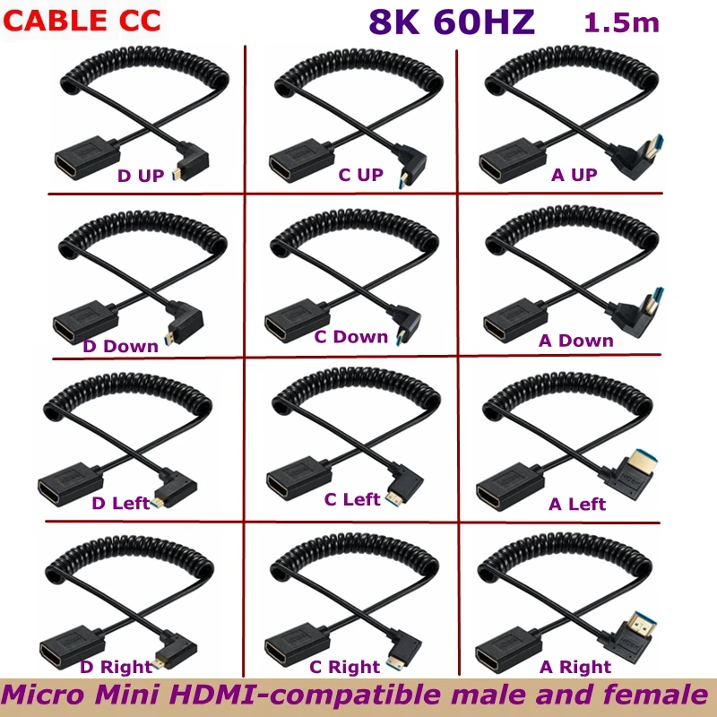 

1.2m HD 90 Degree Angle 8K60Hz Micro/Mini HDMI Compatible Male to HDMI Compatible Female Spring Retractable Digital Camera Cable