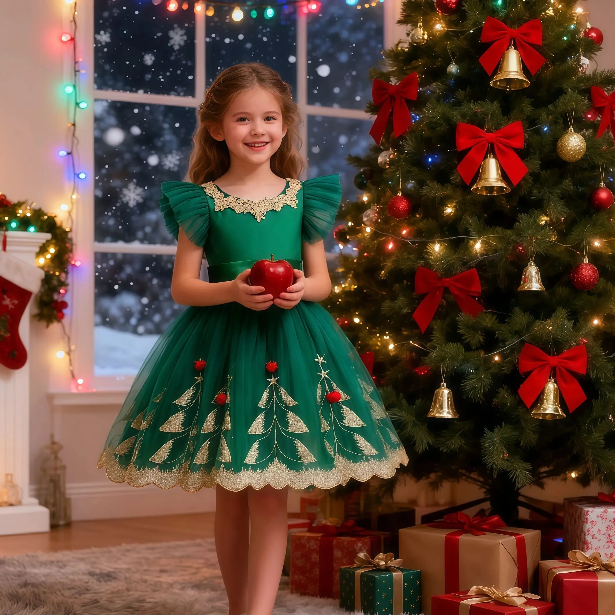 فساتين الأميرة اللطيفة لحفلات عيد الميلاد من الدانتيل على شكل زهرة للأطفال الأنيقات وحفلات أعياد الميلاد وحفلات أعياد الميلاد باللون الأخضر وعيد الميلاد المسائية