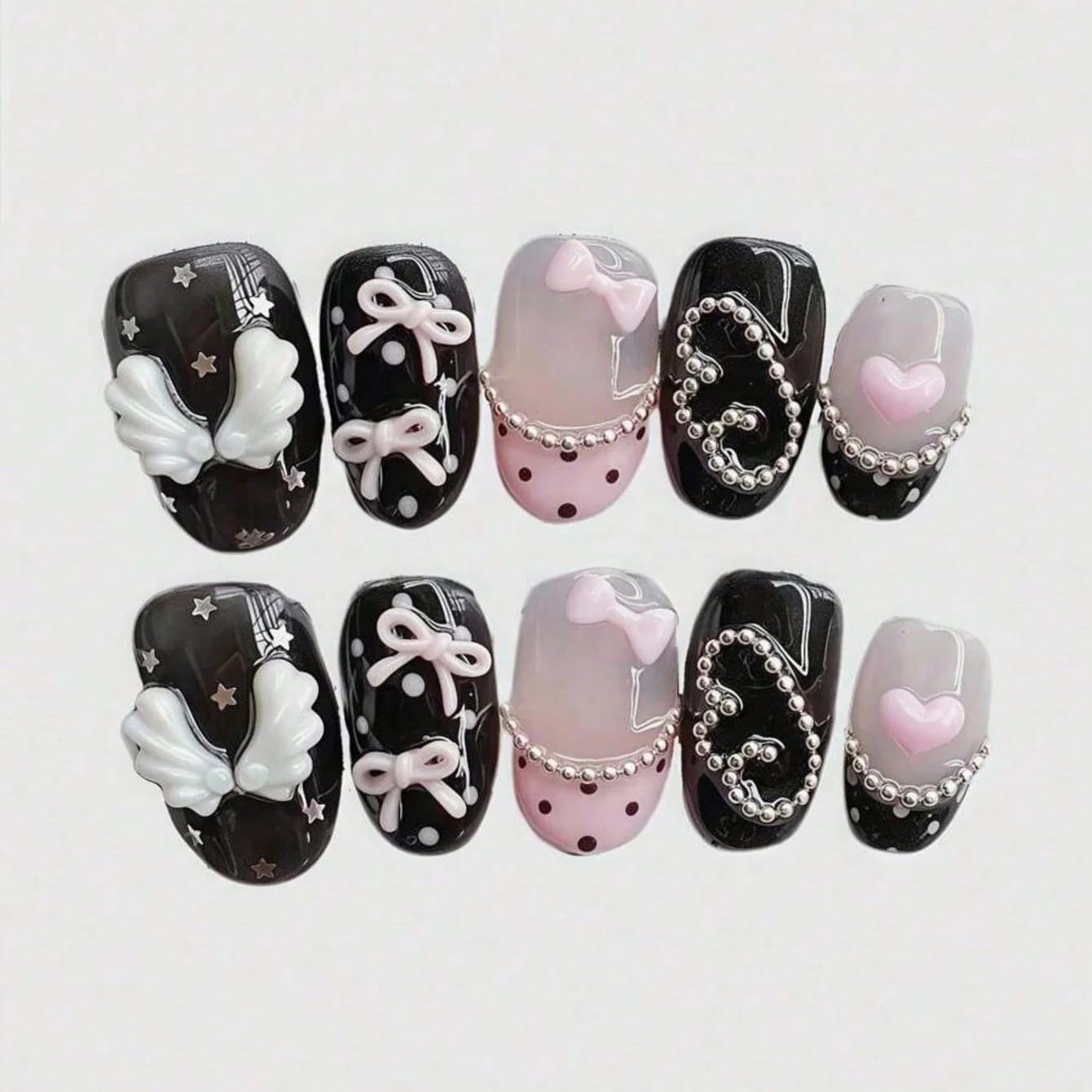 10pcs Pure Hand Pressed Short Circular Nail Art, Beautiful Fake Nails, Sweet and Cool Pink Bow, Suitable for Women to Use