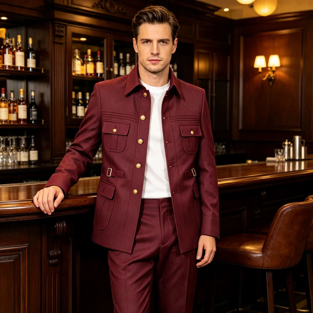 2 Piece Men’s  Vintage Safari Suit Set Gold Buttons Multi-Pocket Formal Business Wedding Party For Groomsmen  Jacket & Trousers