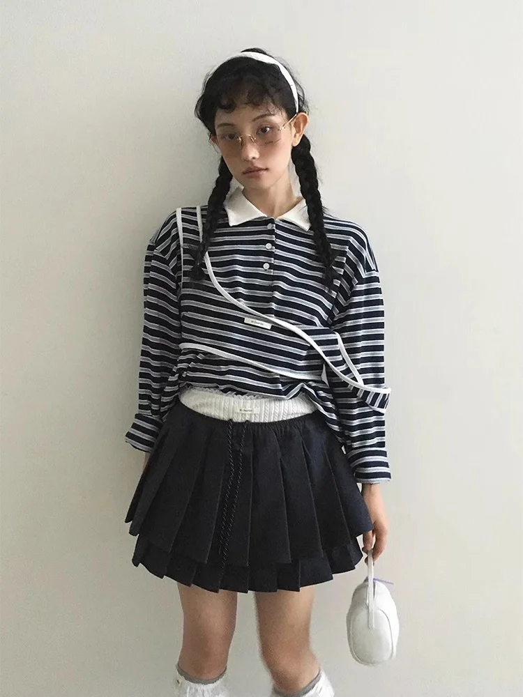 세련된 가을 빈티지 프레피 스트라이프 롱 Sve T-irt 여성 + 레이어드 버튼 업 오르트 조끼 Faionable Ensemble