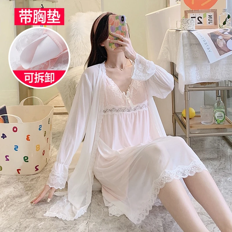 2024 Autumn 2PCS Sexy Lace Lingerie Modal Nightgowns Robes Sets for Women Korean Cute Bathrobes Sleepwear Nightdress Night Dress