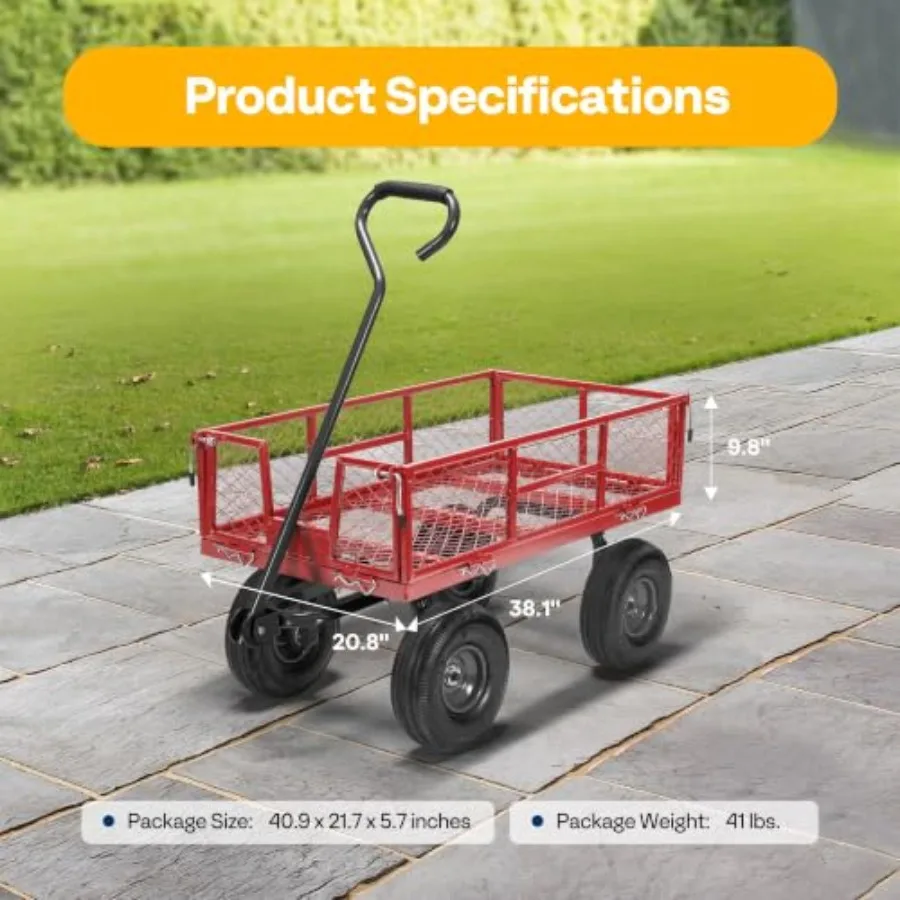 Heavy Duty Garden Cart Utility Wagon for Outdoor Use, Steel Mesh, Black, 880 Lbs Capacity 4.5 Cu Ft Volume
