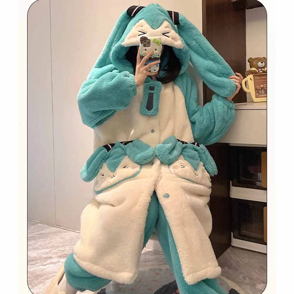 Anime Cartoon Cute Hatsune Miku Coral Fleece Nightgown Sleeping Pants Set Girl Autumn Winter Home Clothes Robe Pajamas