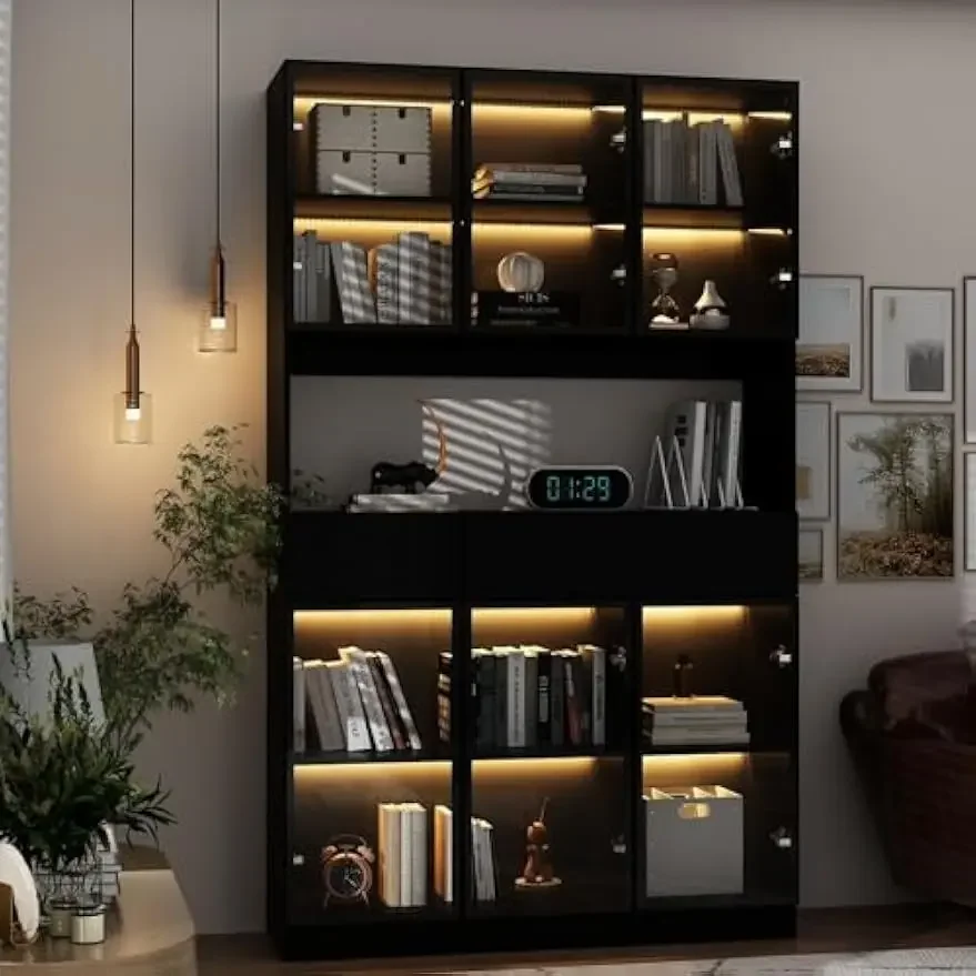 Display Cabinet with 6 Glass Doors and Lights, Display Case Cabinet with Hutch and 3 Drawers,Pop-up Design,Black