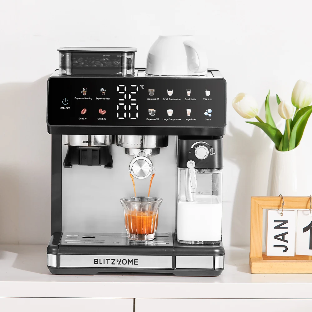 BlitzHome CM5710 All-in-One Espresso-Kaffeemaschine mit integriertem Mahlwerk, Doppelboiler, Heiß- und Kaltbrühfunktion, automatischem Milchaufschäumer für Zuhause