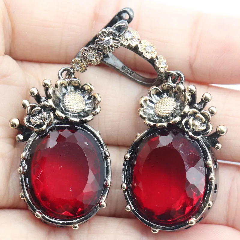 

Buy 4 Get 1 Free 47x18mm Neo-Gothic 19g Red Blood Ruby White Zircon Cool Black Gold Color Silver Earrings